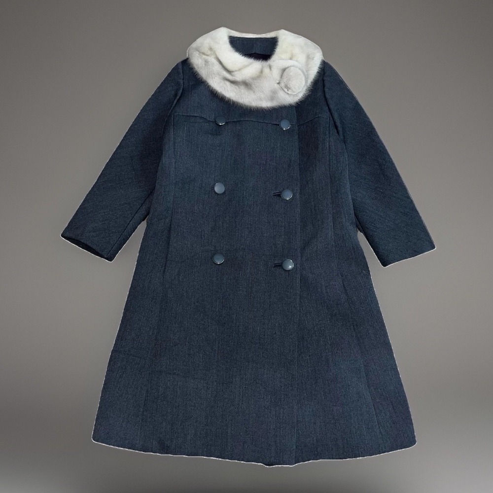 Vintage Sycamore Womens Gray Wool With Mink Collar Pea Coat Luxury Designer Sz L
